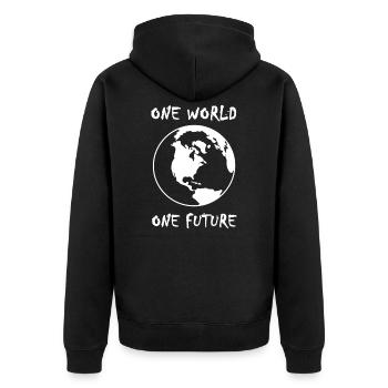 one world one future - Unisex Premium Organic Zip Hoodie - black - Back - Nico (187cm)