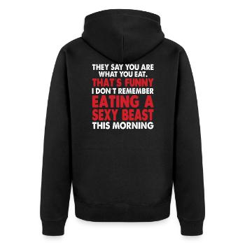 Lustiger Spruch, selbstbewusst und selbst ironie - Unisex Premium Bio Zip Hoodie - Schwarz - Hinten - Nico (187cm)