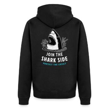 Haie Join the Shark Side - Protect the Locals Hai - Unisex Premium Bio Zip Hoodie - Schwarz - Hinten - Nico (187cm)