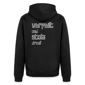 Verpeilt und stolz drauf I weiss I Geschenk - Unisex Premium Bio Zip Hoodie - Schwarz - Hinten - Nico (187cm)