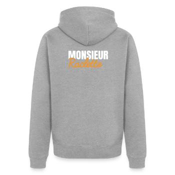 Monsieur Raclette Idée Cadeau Homme Humour Fromage - Veste à capuche bio Premium Unisexe - gris chiné - Dos - Nico (187cm)