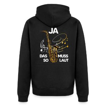 saxophone ja muss so laut.bariton legende musik - Unisex Premium Bio Zip Hoodie - Schwarz - Hinten - Nico (187cm)