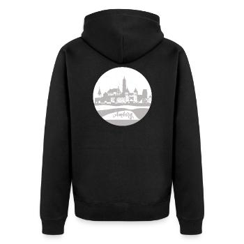 amberg,skyline,grau,kreis,scherenschnitt - Unisex Premium Bio Zip Hoodie - Schwarz - Hinten - Nico (187cm)