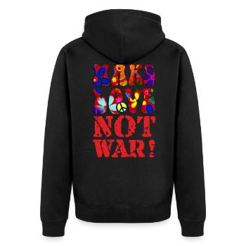 PEACE Message - MAKE LOVE NOT WAR 3 - Unisex Premium Organic Zip Hoodie - black - Back - Nico (187cm)