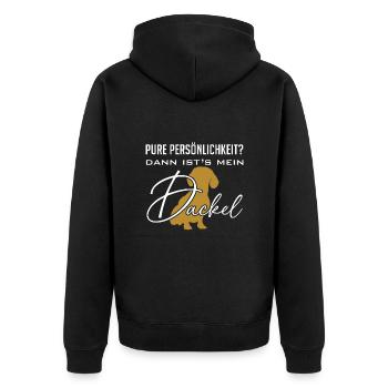 Pure Persönlichkeit und Intelligenz - mein Dackel - Unisex Premium Bio Zip Hoodie - Schwarz - Hinten - Nico (187cm)