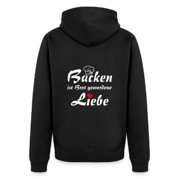 Backen ist Liebe mit Bäckermütze und Herz - Unisex Premium Bio Zip Hoodie - Schwarz - Hinten - Nico (187cm)