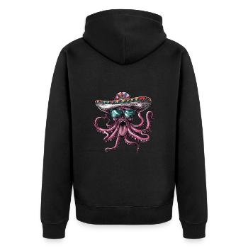 Oktopus Lustig Sombrero - Unisex Premium Bio Zip Hoodie - Schwarz - Hinten - Nico (187cm)