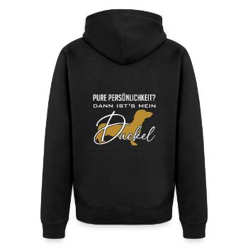 Pure Persönlichkeit und Intelligenz - mein Dackel - Unisex Premium Bio Zip Hoodie - Schwarz - Hinten - Nico (187cm)