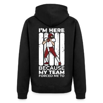 My team forced me to be here - Unisex Premium Organic Zip Hoodie - black - Back - Nico (187cm)