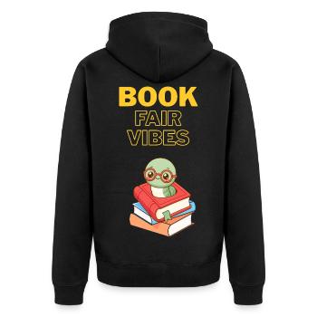 Buchmesse-Vibes Bücherwurm - Unisex Premium Bio Zip Hoodie - Schwarz - Hinten - Nico (187cm)