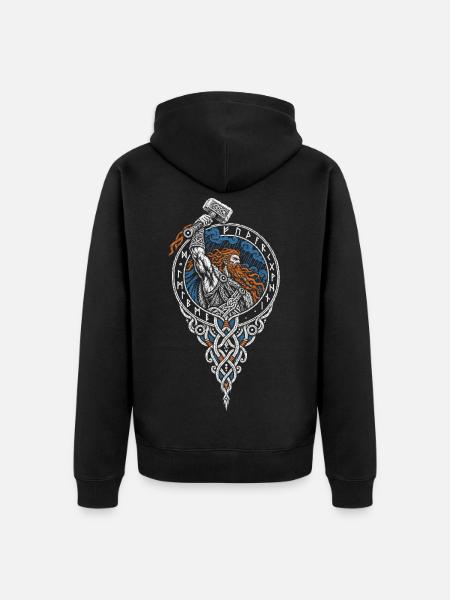 Der Donnergott im Sturm – Runenkreis - Unisex Premium Bio Zip Hoodie - Schwarz