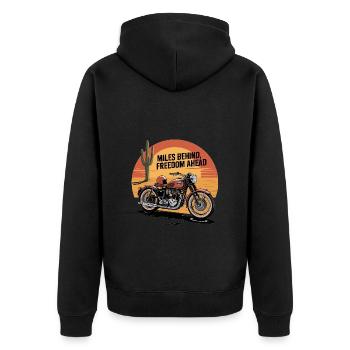 Miles Behind, Freedom Ahead – Biker-Abenteuer - Unisex Premium Bio Zip Hoodie - Schwarz - Hinten - Nico (187cm)