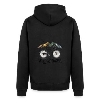 Wheels & Wander – Bergabenteuer - Unisex Premium Bio Zip Hoodie - Schwarz - Hinten - Nico (187cm)