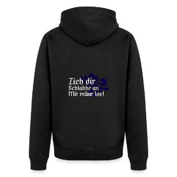 Zieh dir Schlabbe an Mir müsse los - Hessisch - Unisex Premium Bio Zip Hoodie - Schwarz - Hinten - Nico (187cm)