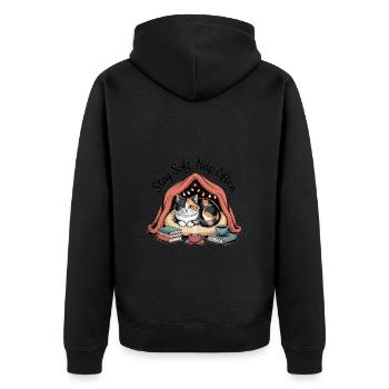 Stay Soft, Nap Often – Cuddly Cat - Unisex Premium Organic Zip Hoodie - black - Back - Nico (187cm)
