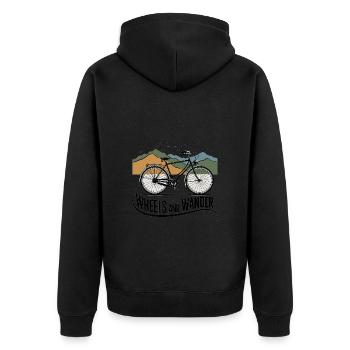 Wheels & Wander – Bergabenteuer - Unisex Premium Bio Zip Hoodie - Schwarz - Hinten - Nico (187cm)