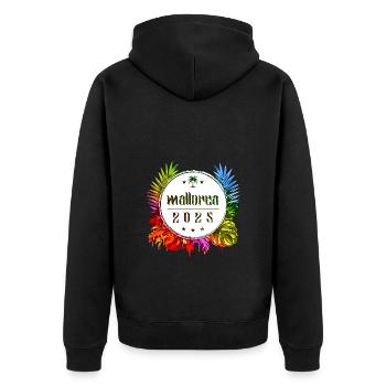 Mallorca 2025 Bunt - Unisex Premium Bio Zip Hoodie - Schwarz - Hinten - Nico (187cm)