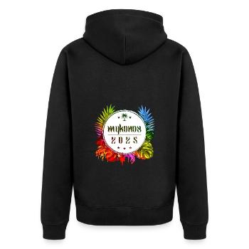 Mykonos 2025 Bunt - Unisex Premium Bio Zip Hoodie - Schwarz - Hinten - Nico (187cm)