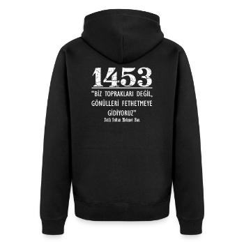 Fatih Sultan Mehmet Han 1453 Zitat - Unisex Premium Bio Zip Hoodie - Schwarz - Hinten - Nico (187cm)