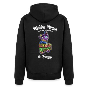 making money is funny by haka - Unisex Premium Bio Zip Hoodie - Schwarz - Hinten - Nico (187cm)