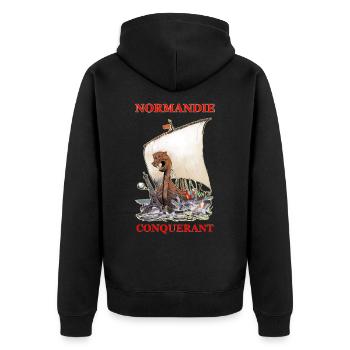 NORMANDIE CONQUERANT Kreation Louis RUNEMBERG © - Unisex Premium Bio Zip Hoodie - Schwarz - Hinten - Nico (187cm)