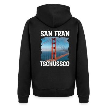 San Frantschüssco San Francisco Tschüss Geschenk - Unisex Premium Bio Zip Hoodie - Schwarz - Hinten - Nico (187cm)