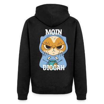 Moin Diggah Katze Kaffee Geschenk - Unisex Premium Bio Zip Hoodie - Schwarz - Hinten - Nico (187cm)