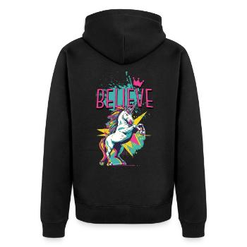 Einhorn Glaube Vintage Retro Bunt Modern Trend - Unisex Premium Bio Zip Hoodie - Schwarz - Hinten - Nico (187cm)