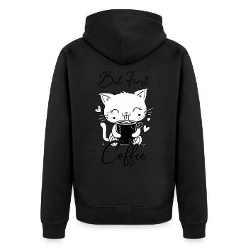 Katze Kaffee But First Coffee Morgenmuffel Lustig - Unisex Premium Bio Zip Hoodie - Schwarz - Hinten - Nico (187cm)