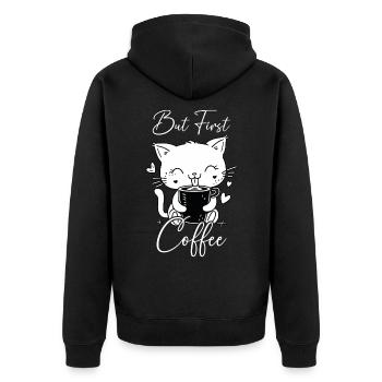Katze Kaffee But First Coffee Morgenmuffel Lustig - Unisex Premium Bio Zip Hoodie - Schwarz - Hinten - Nico (187cm)