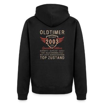 20. Geburtstag Oldtimer Oktober Jahrgang 2003 - Unisex Premium Bio Zip Hoodie - Schwarz - Hinten - Nico (187cm)