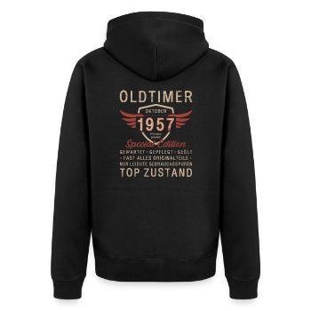 66. Geburtstag Oldtimer Oktober Jahrgang 1957 - Unisex Premium Bio Zip Hoodie - Schwarz - Hinten - Nico (187cm)