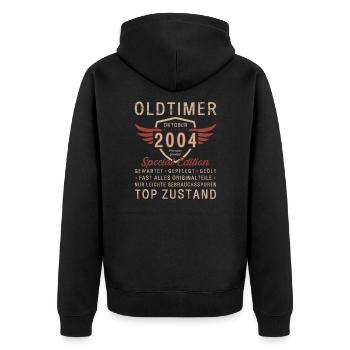 19. Geburtstag Oldtimer Oktober Jahrgang 2004 - Unisex Premium Bio Zip Hoodie - Schwarz - Hinten - Nico (187cm)