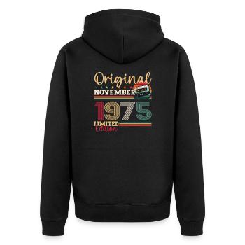 48th Birthday November Vintage 1975 Cassette Tape - Unisex Premium Organic Zip Hoodie - black - Back - Nico (187cm)
