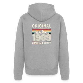 35e anniversaire Original Février Né 1989 - Veste à capuche bio Premium Unisexe - gris chiné - Dos - Nico (187cm)
