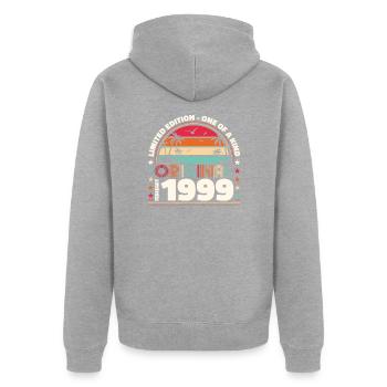 25e anniversaire Original Février Année 1999 - Veste à capuche bio Premium Unisexe - gris chiné - Dos - Nico (187cm)
