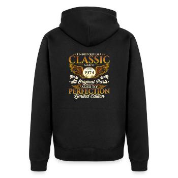 50th Birthday Man Vintage March Vintage 1974 - Unisex Premium Organic Zip Hoodie - black - Back - Nico (187cm)