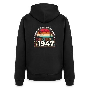 Mai 1947 Jahrgang 1947 Geburtstag 1947 Legende 77 - Unisex Premium Bio Zip Hoodie - Schwarz - Hinten - Nico (187cm)