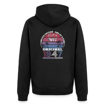 Original Mai 1947 Jahrgang 1947 Geburtstag 1947 - Unisex Premium Bio Zip Hoodie - Schwarz - Hinten - Nico (187cm)
