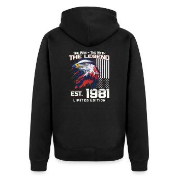 43rd Birthday Year of Build 1981 Vintage 1981 Legend - Unisex Premium Organic Zip Hoodie - black - Back - Nico (187cm)