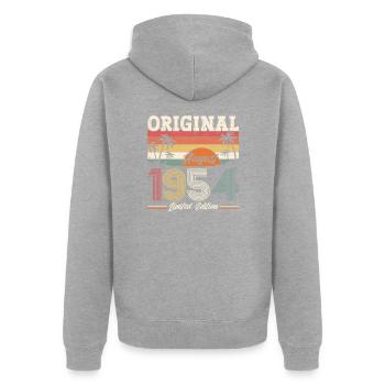 70e anniversaire Original août 1954 Né en 1954 - Veste à capuche bio Premium Unisexe - gris chiné - Dos - Nico (187cm)