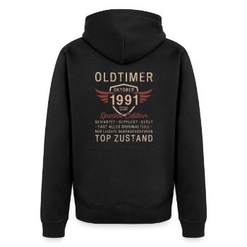 33. Geburtstag Oktober Oldtimer 1991 Jahrgang - Unisex Premium Bio Zip Hoodie - Schwarz - Hinten - Nico (187cm)
