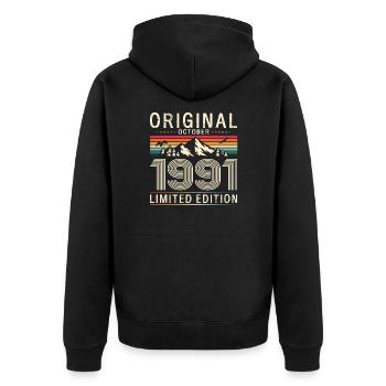 33e anniversaire Original Octobre 1991 Né en 1991 - Veste à capuche bio Premium Unisexe - noir - Dos - Nico (187cm)