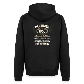 66. Geburtstag Oldtimer November 1958 Jahrgang 58 - Unisex Premium Bio Zip Hoodie - Schwarz - Hinten - Nico (187cm)