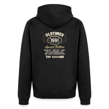 33. Geburtstag Oldtimer November 1991 Jahrgang 91 - Unisex Premium Bio Zip Hoodie - Schwarz - Hinten - Nico (187cm)