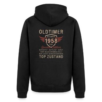 66. Geburtstag Oldtimer Dezember 1958 Jahrgang 58 - Unisex Premium Bio Zip Hoodie - Schwarz - Hinten - Nico (187cm)
