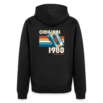 Cadeau d'anniversaire pour homme 45 ans, cassette février 1980 - Veste à capuche bio Premium Unisexe - noir - Dos - Nico (187cm)
