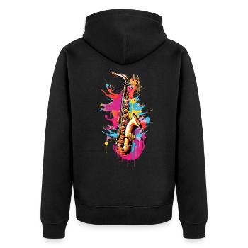 Saxophon bunt - Unisex Premium Bio Zip Hoodie - Schwarz - Hinten - Nico (187cm)