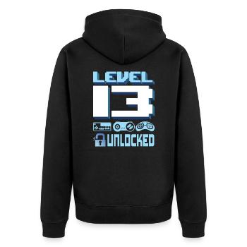 13. Geburtstagsgeschenk Jungen Mädchen Spieler 13 Jahre alt - Unisex Premium Bio Zip Hoodie - Schwarz - Hinten - Nico (187cm)