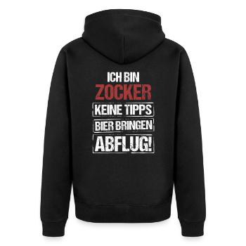Ich bin Zocker - Bier bringen und Abflug - Unisex Premium Bio Zip Hoodie - Schwarz - Hinten - Nico (187cm)